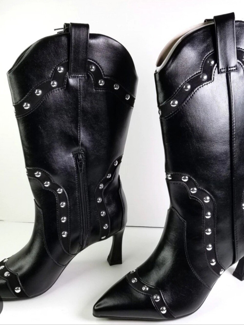 Women's Black Studded Mid-Calf Heeled BootsStudded Western Boots.